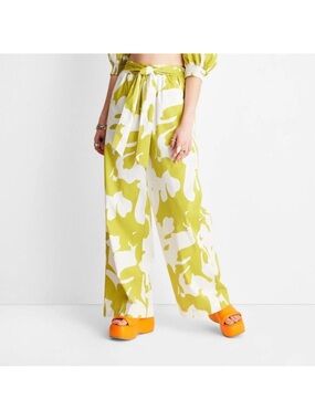 Tie-Waist Wide Leg Pants in Lime & White